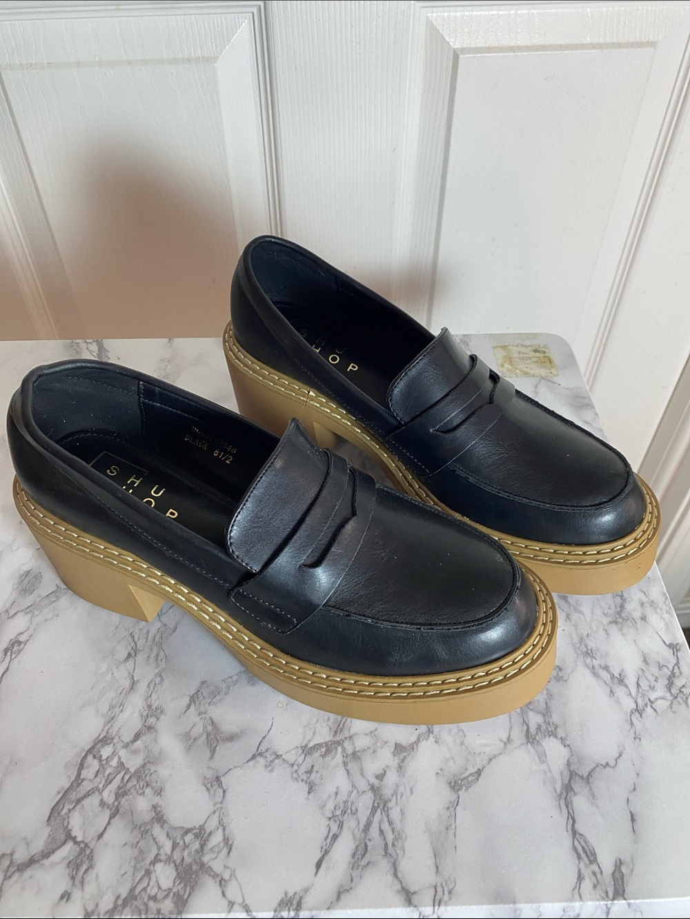 ShuShop Black Leather Platform Penny Loafers with Tan Sole Size 8.5 Chunky Block